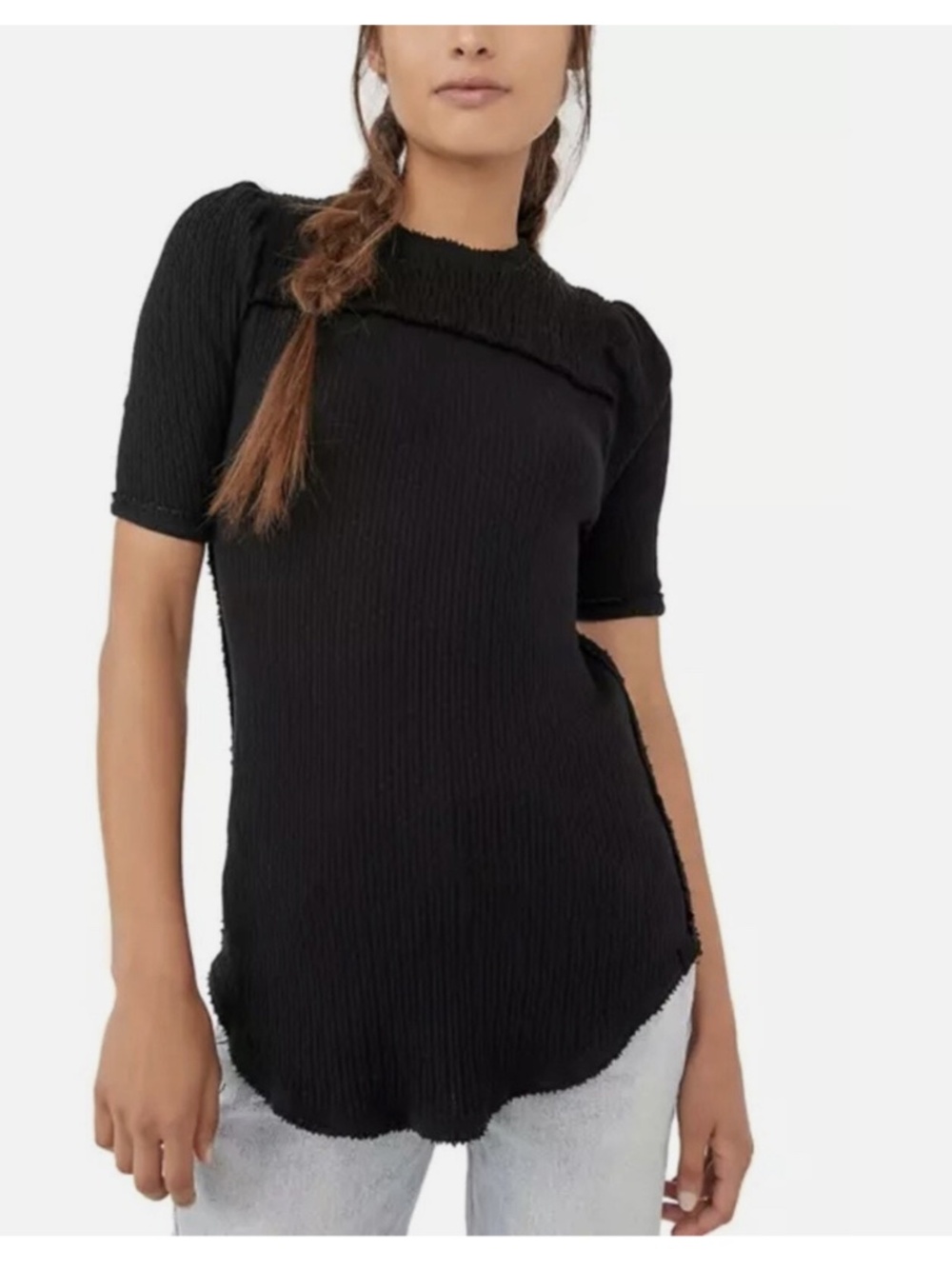 Free People Care Red Delicious Waffle Knit Short Sleeve Top in Black Size M NWT
